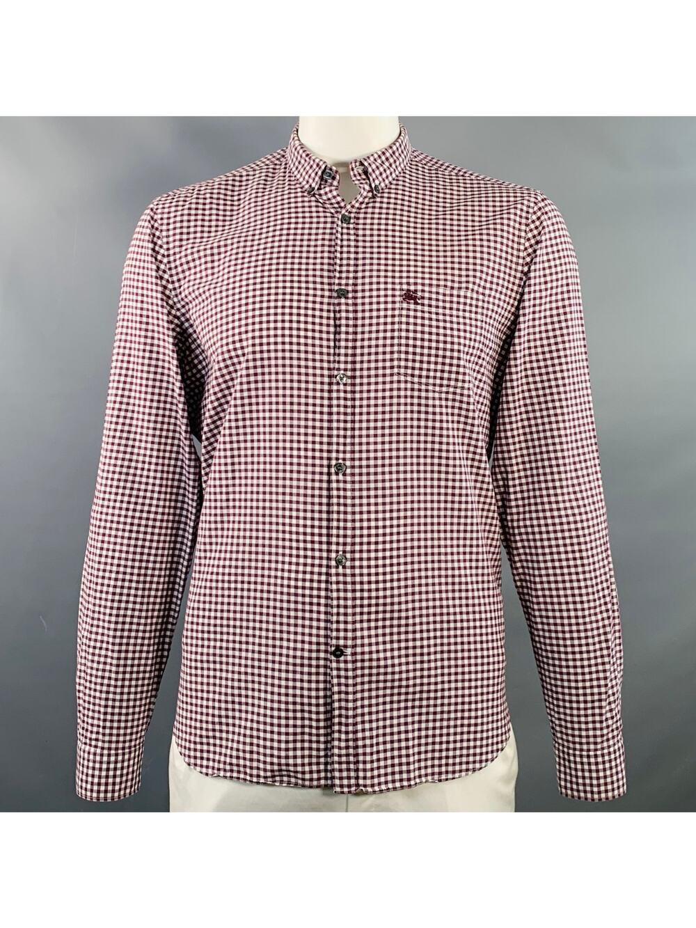 BURBERRY BRIT Size XL Burgundy White Gingham Cotton Long Sleeve Shirt